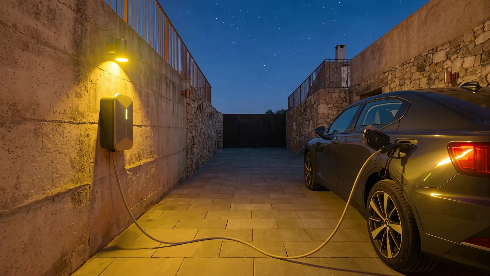 La luz de estado de un cargador brilla en un garaje a oscuras